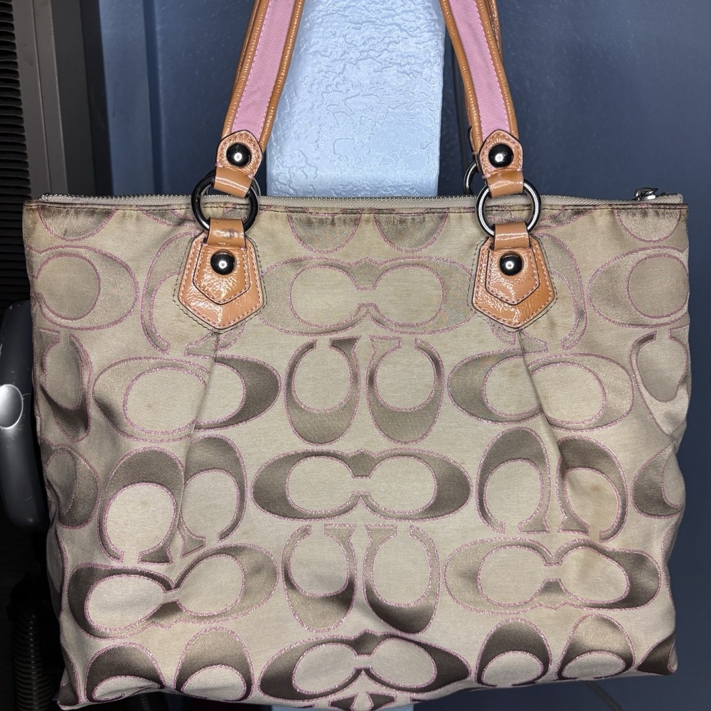 Coach Vintage Poppy Shoulder Bag Logo Beige Pink Glitter Sparkle jaquard - Picture 2 of 12